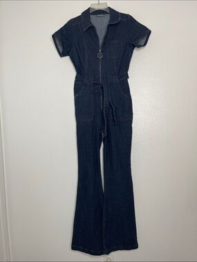 Modcloth Stretch Denim Short Sleeve Flare Bottom Red Striching Jumpsuit Size Sm